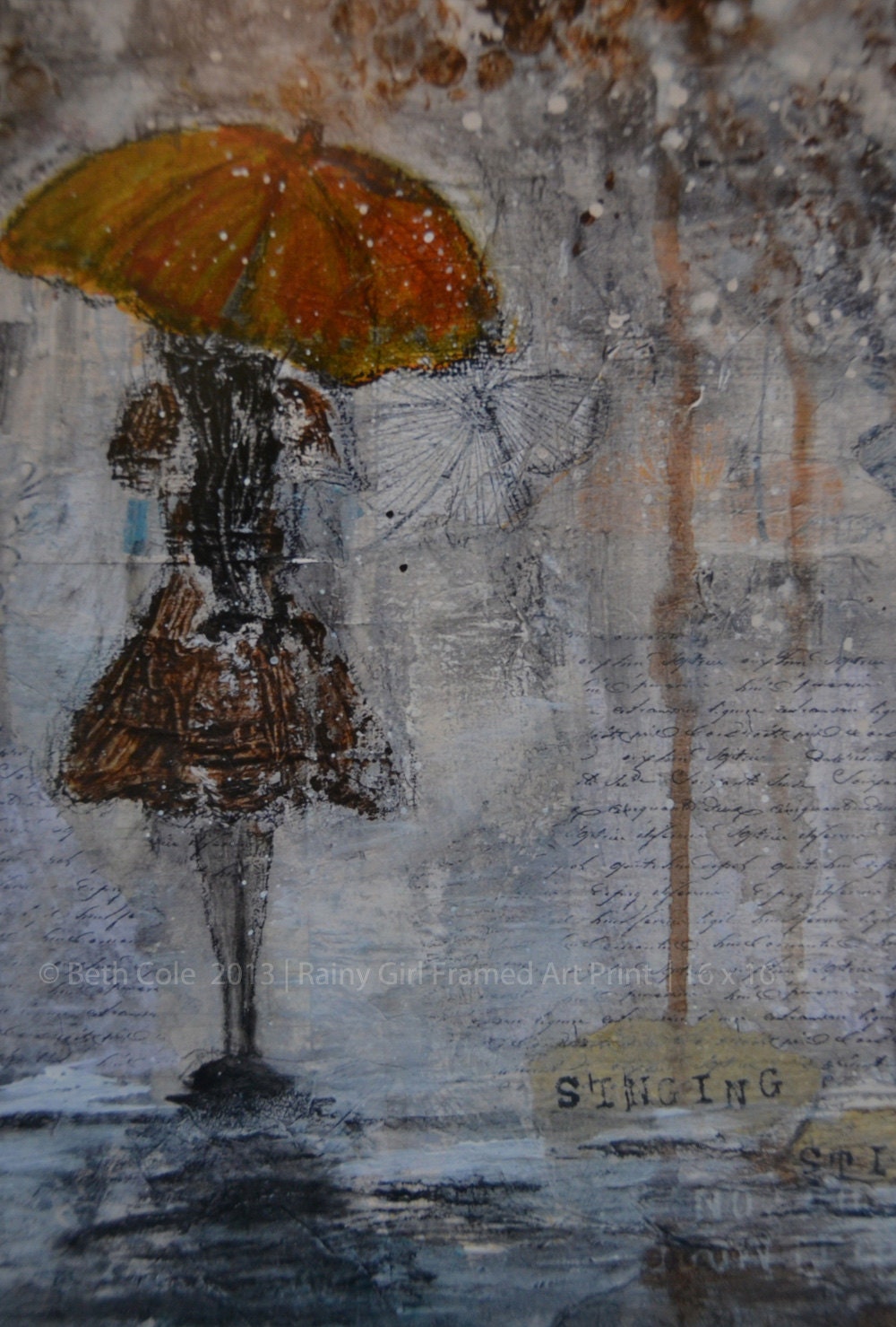 Rain Girl Framed Art Print - White, Black, Gray, Brown