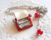 Red Typewiter miniature necklace - metal vintage style type writer machine.