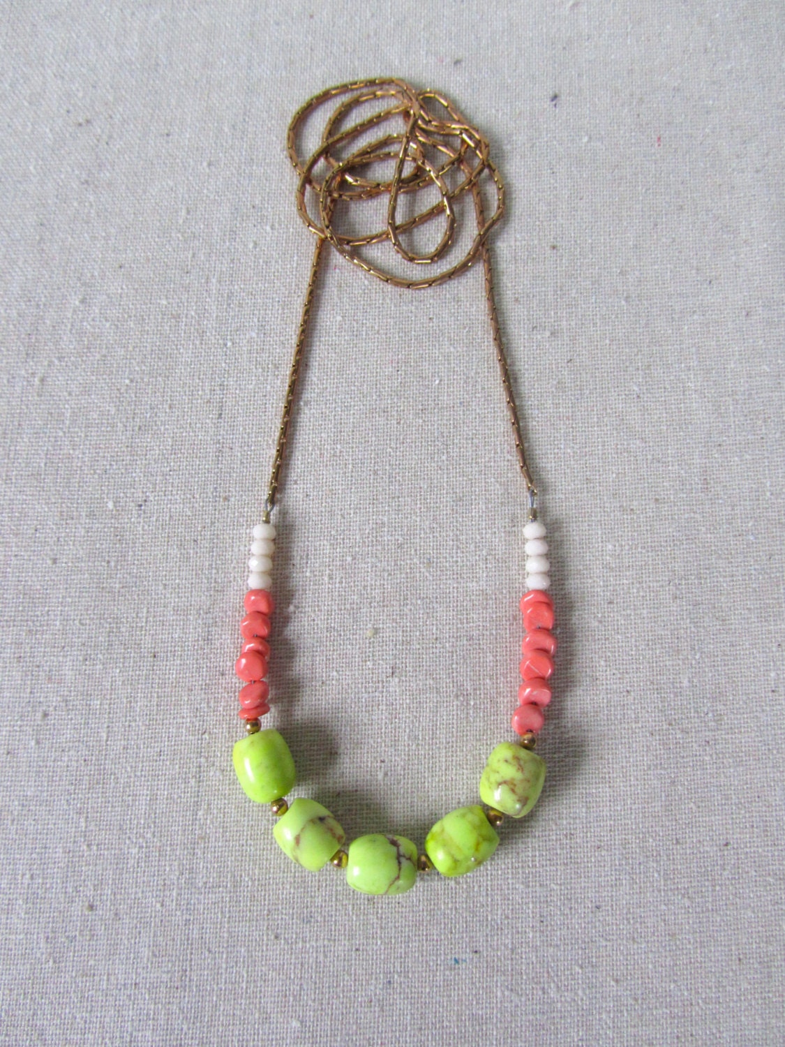 Neon Statement Necklace, Chartreuse & Coral, Solid Brass Chain, Long Necklace