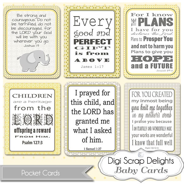 Scripture Pocket Cards for Baby,  3x4 Journal Cards, Project Life Inspired, Digital Scrapbooking, Yellow, Gray  Printable Instant Download