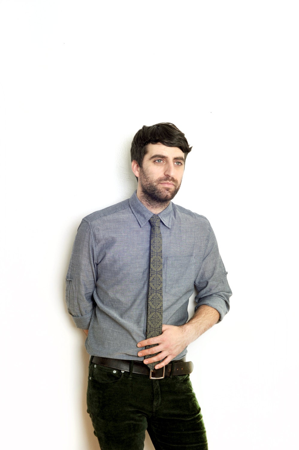Printed olive green aztec cotton tie