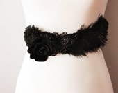 Bridal Black Rose Flower Beaded Butterfly Feather Sash Belt - Wedding Night Dress Sashes Belts