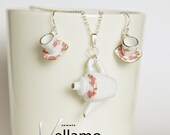 Miniature porcelain tea set jewelry set with tea pot pendant, tea cup earrings, sterling silver necklace and ear rings, delicate flowers