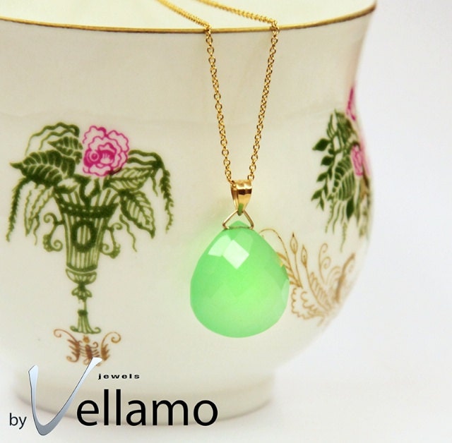 May birthstone, natural green chalcedony faceted briolette gemstone, hanging on a 14K gold filled necklace