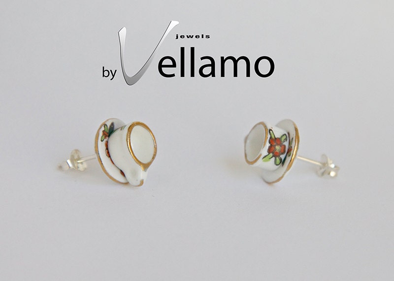 Sterling silver stud earrings with small teacups, gold rim and flowers, miniature porcelain, fashion stud earrings