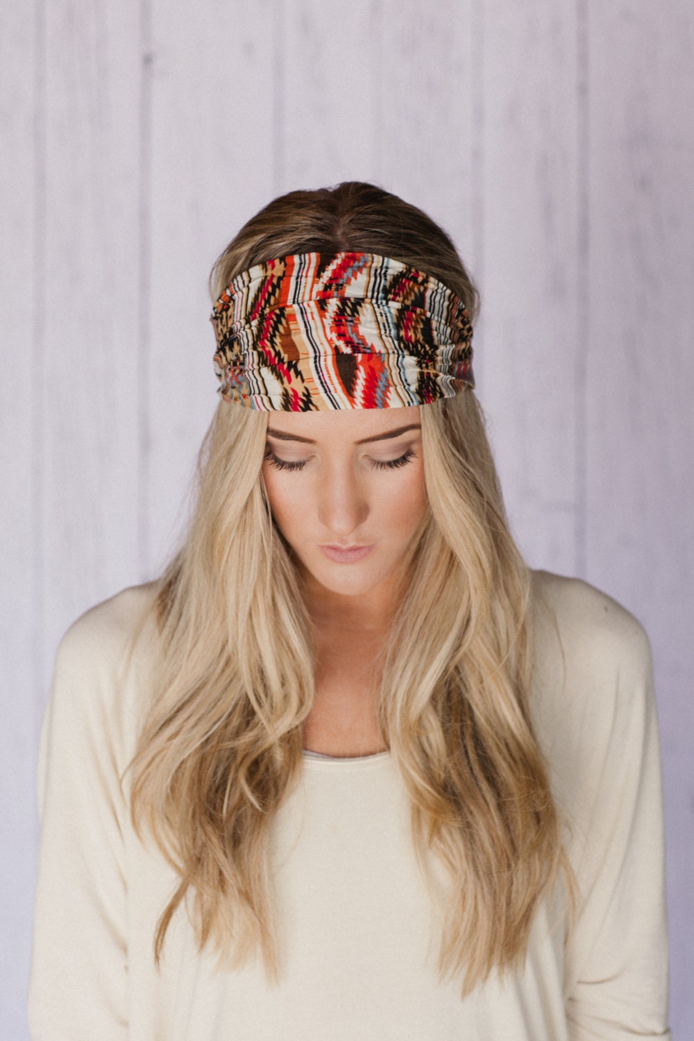 Ivory Aztec Printed Headband with Elastic Covered Back and Crinkled Texture - Tribal Your Best Headband