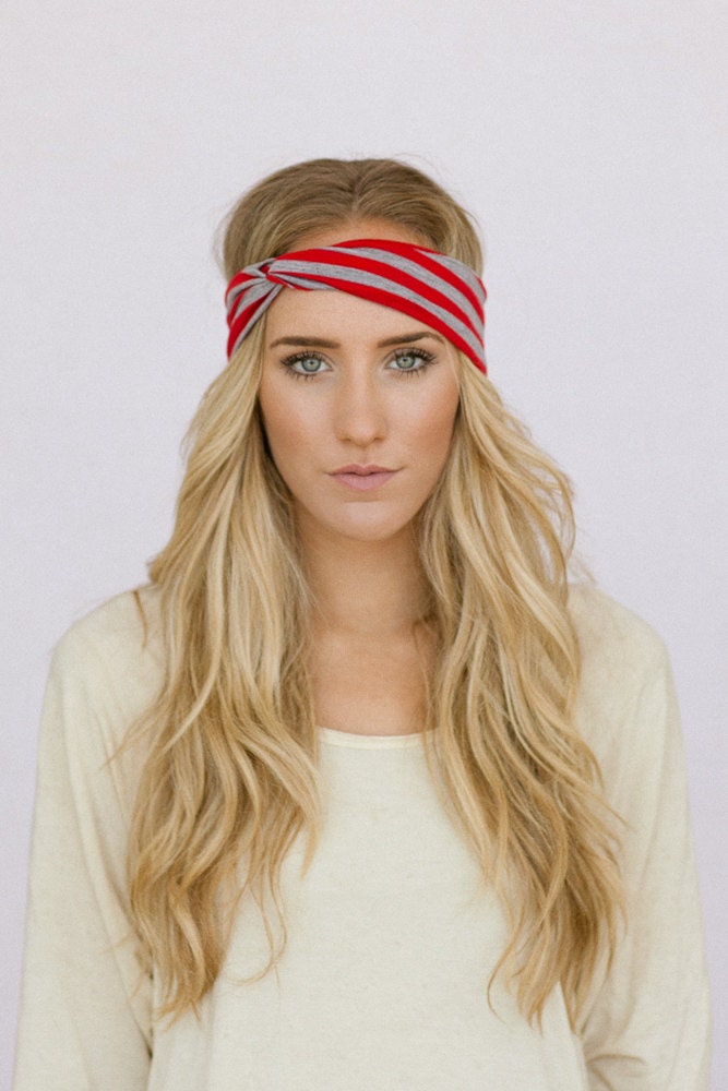 Striped Turband Headband Red Turban Twist Headband Thin Style Turband Headband Women's Hair Accessory Red and Grey Headband (HB-THN100D)