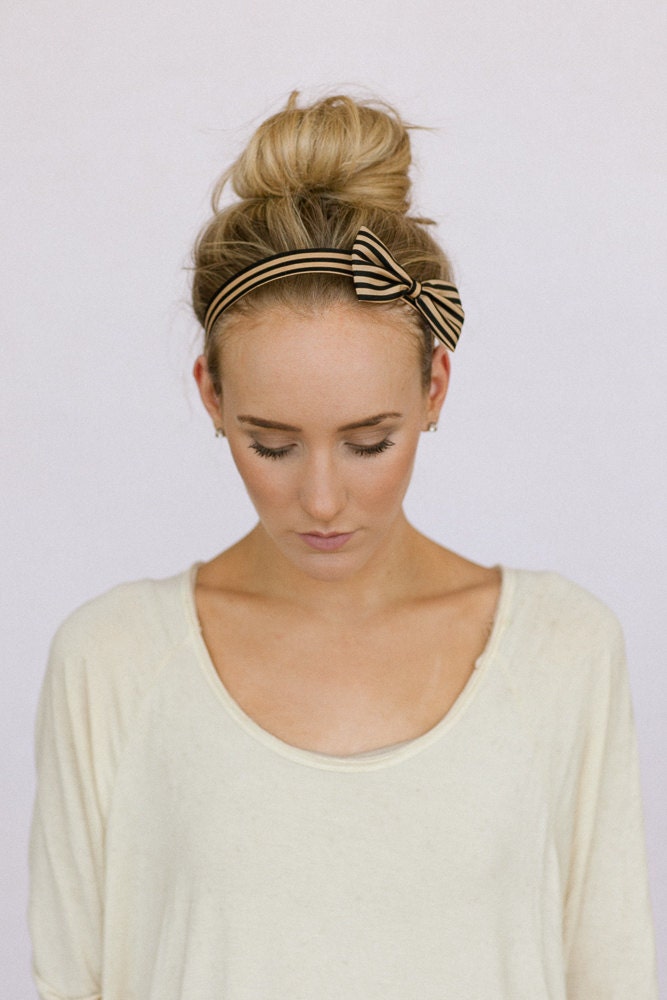 Striped Bow Headband Stretchy Thin Fabric Bow Hair Band in Striped Elastic Women's Fashion Hair Accessories (Navy Taupe Stripe)