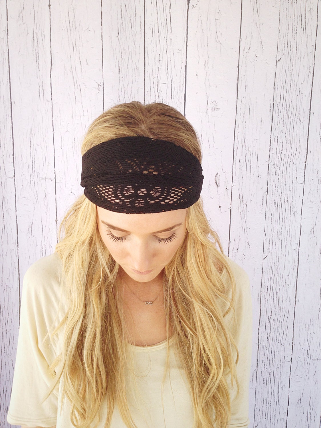 Black Wide Lace Headband Black Crochet Cotton Lace Fabric Wide Headband Stretchy Turband Head Wrap