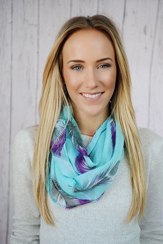 Feather Infinity Scarf Feather Print on Light Aqua Blue Circle Scarf Lightweight Wide Gauze Scarf Women's Fashion Accessory