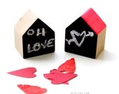 Wood houses a couple, miniature, placeholders, chalckboard side and half coloured roof