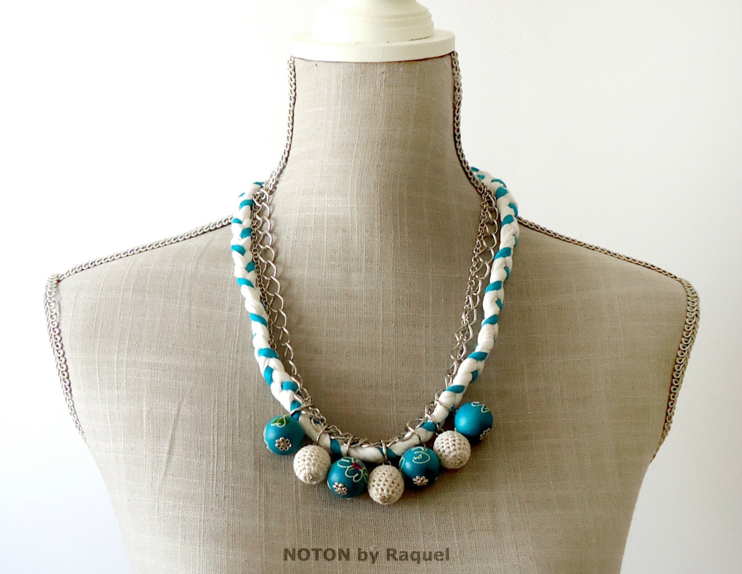 Medium Necklace in Turquoise Textile Braid with Painted Wood Beads, statement jewelry, blue fabric necklace, womens white jewellery