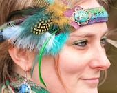 Tribal Fusion Gypsy Flapper Bridal Headdress - Crochet Feather Headband - Polymer Clay Flowers - Hippie Boho Belly Dance Festival Headpiece