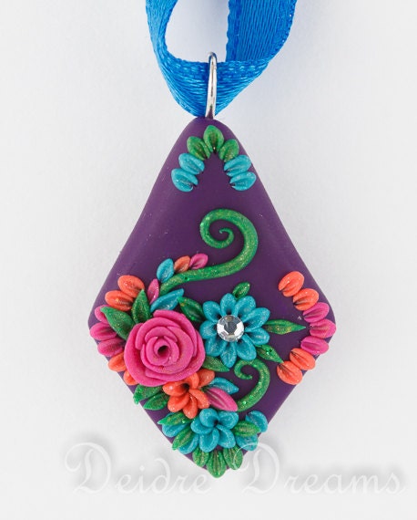 Bridal Boho Hippie Gyspy Chic Flower Pendant Necklace - Polymer Clay Flower Appliqued Pendant - Boho Bridal Jewelry - Summer Wedding