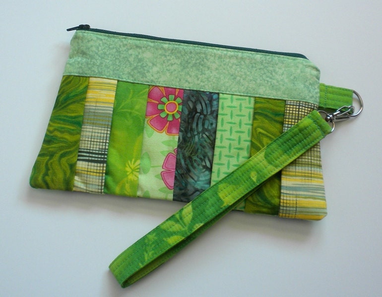 Wristlet Wallet Clutch Small Pleated hand purse Bright Lime Green Chartreuse Patchwork Pouch