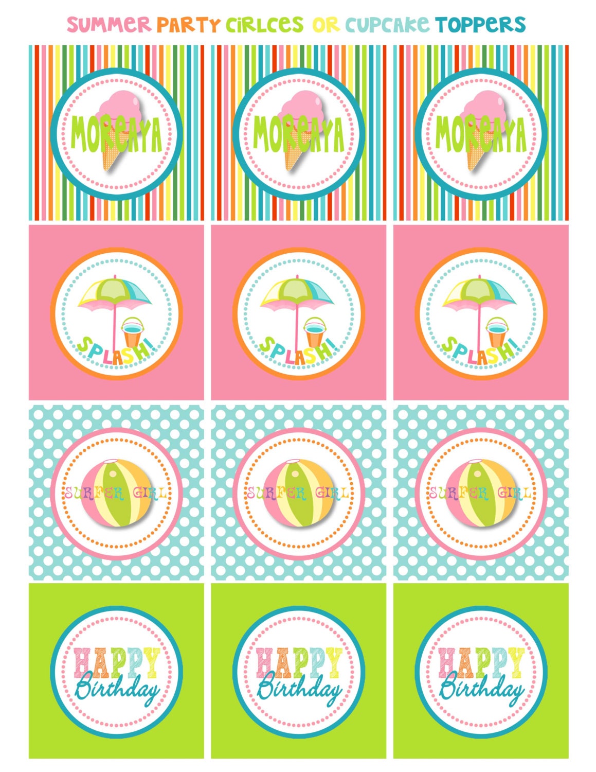 SUMMER FUN . Surf . Swim . Pool Party -- Party Circles or Cupcake Toppers