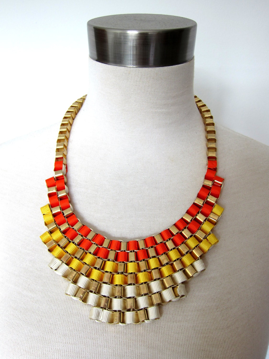 Bright Ombre Bib Necklace Made With Brass And Ribbons (Orange, Yellow & White)