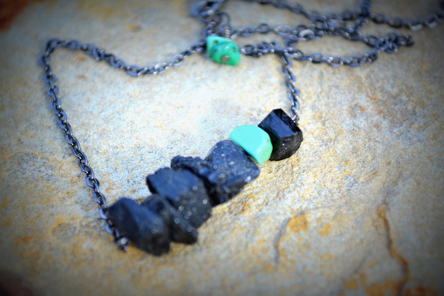 SaLe OOAK Black Tourmaline & Turquoise beaded bar necklace - Gun metal handmade necklace - Any length