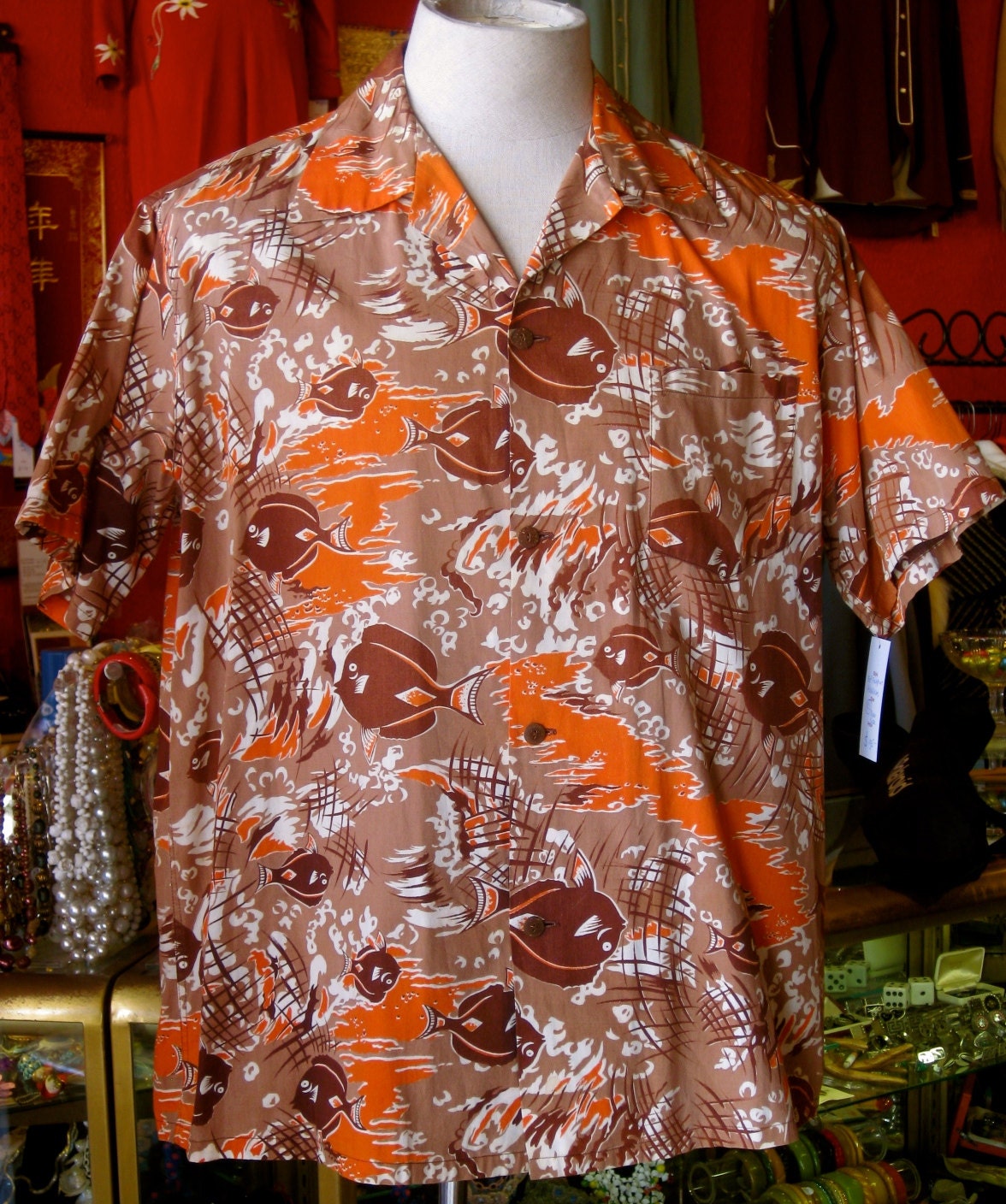 XL 50's Kiilani orange & Tan Fish print Hawaiian Shirt
