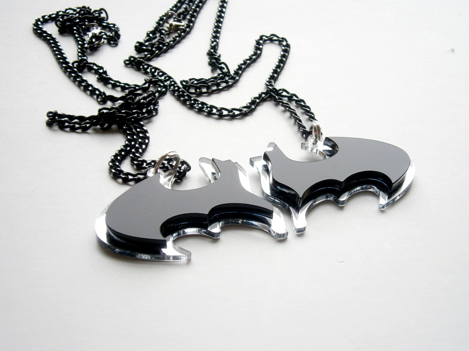 Sale - 30 % Best Friends Batman  Necklaces -  Friendship Pendants- Black Acrylic and Mirror Plastic -  Laser Cut Unique Design By EDS