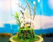 Unicorn Crystal Fantasy Garden - Terrarium Diorama in Glass Dome