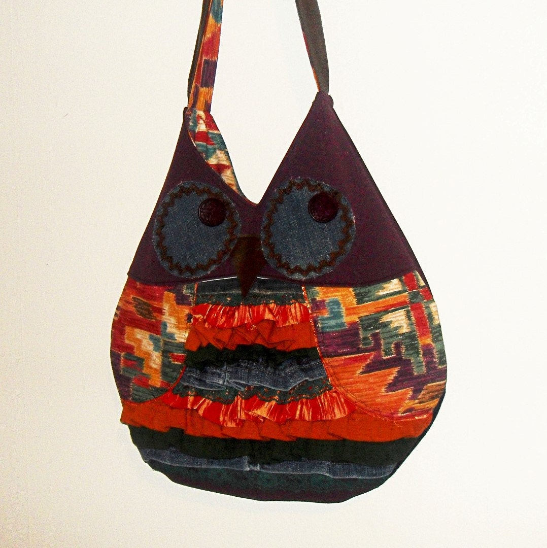 Owl Bag Tote Purse Shoulder Bag with Ruffles Handmade Upcycled Eco-friendly OOAK Unique Gift for Owl Lovers