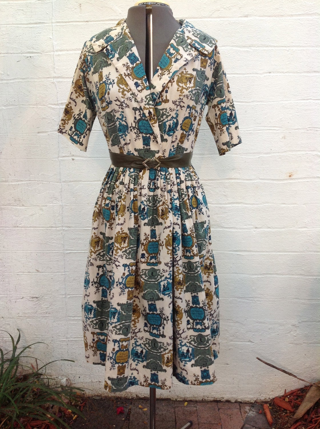 Vintage Cotton 1950s Dress with Oversized Collar - Mustard, Cream and Teal