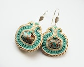 Soutache earrings handmade embroidered ecru and turquoise, TOHO beads, ooak gift for her under 40, christmas