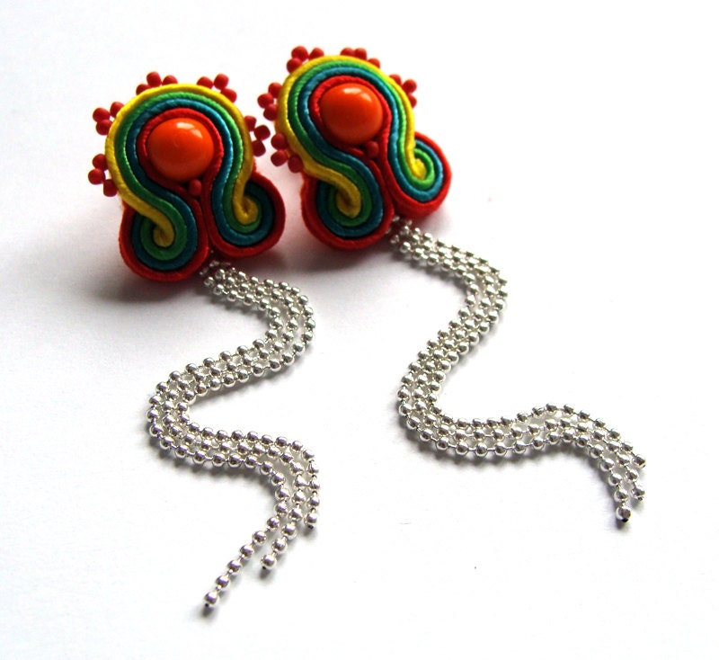 Soutache stud earrings handmade post earrings statement earrings embroidered red green orange yellow chains wedding TOHO oaak gift for her