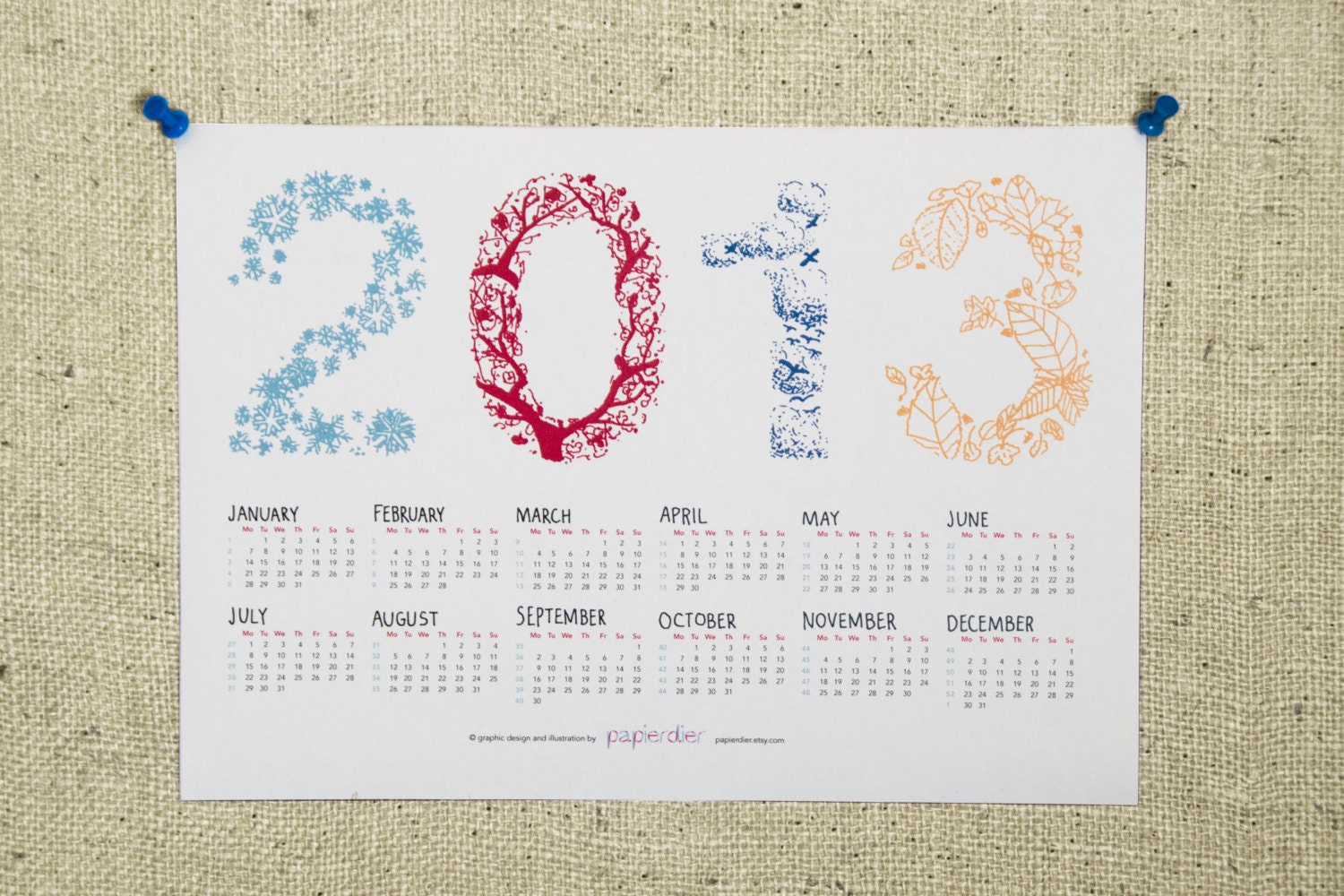 Printable calendar 2013 colourful typographic illustration year planner A4 PDF file