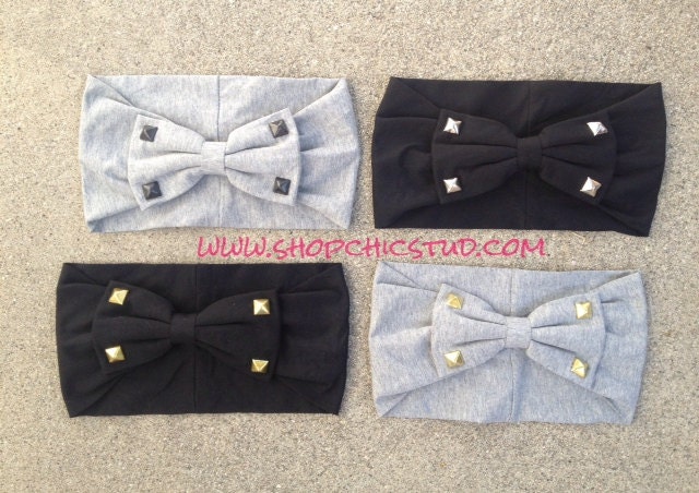 Studded Bow Headband Head Wrap Turban - Silver, Black or Gold Studs