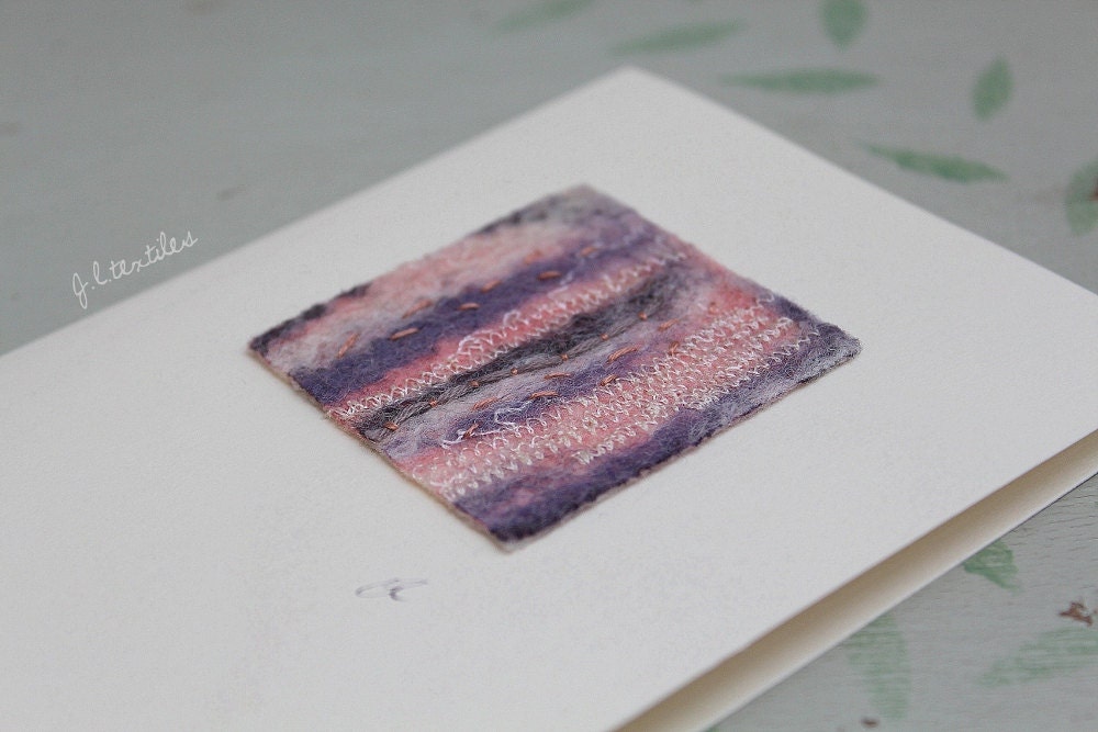 Textile Art Card, Felt & Hand Embroidery, Pink, Purple Stripe
