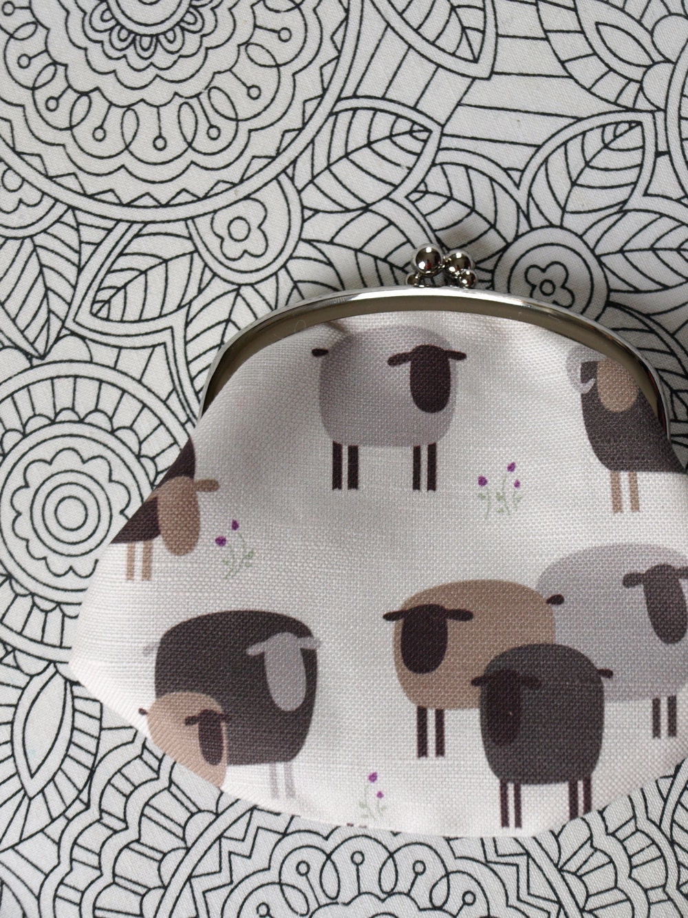 Brown Sheep and Purple Flowers Kiss Clasp Coin Purse