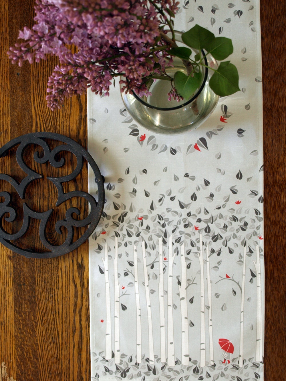 Red Umbrella Birch Tree Linen Table Runner in Shades of Gray