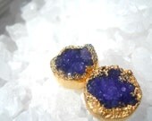 Purple druzy stud earrings, gold-dipped, drusy agate, xl