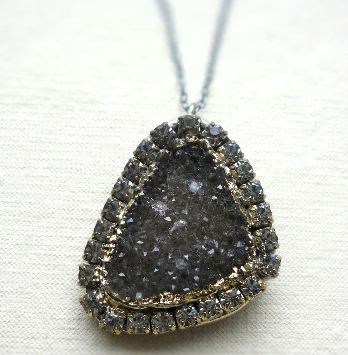 Druzy necklace - Silver-dipped - Natural - Free-form - Oxidized sterling silver