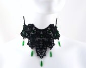 Black Lace Bib Choker Necklace with Green Beaded Accents and Drops - Renaissance, Medieval, Victorian, Gothic, Goth, Prom