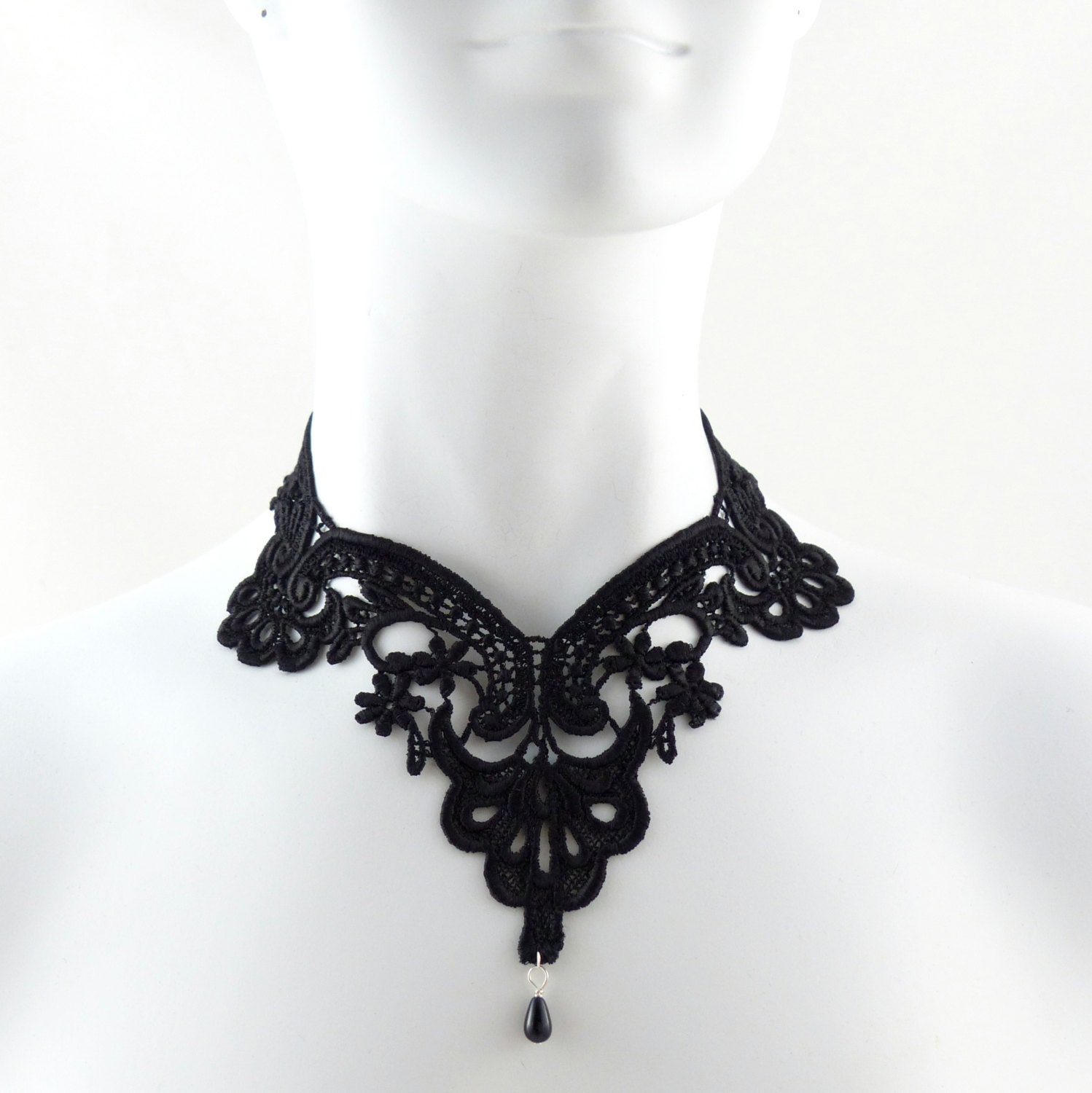 Black Lace Choker Necklace - Victorian Gothic Collar - Elegant, Romantic, Dark Jewelry for Women w/ Glass Teardrop Bead