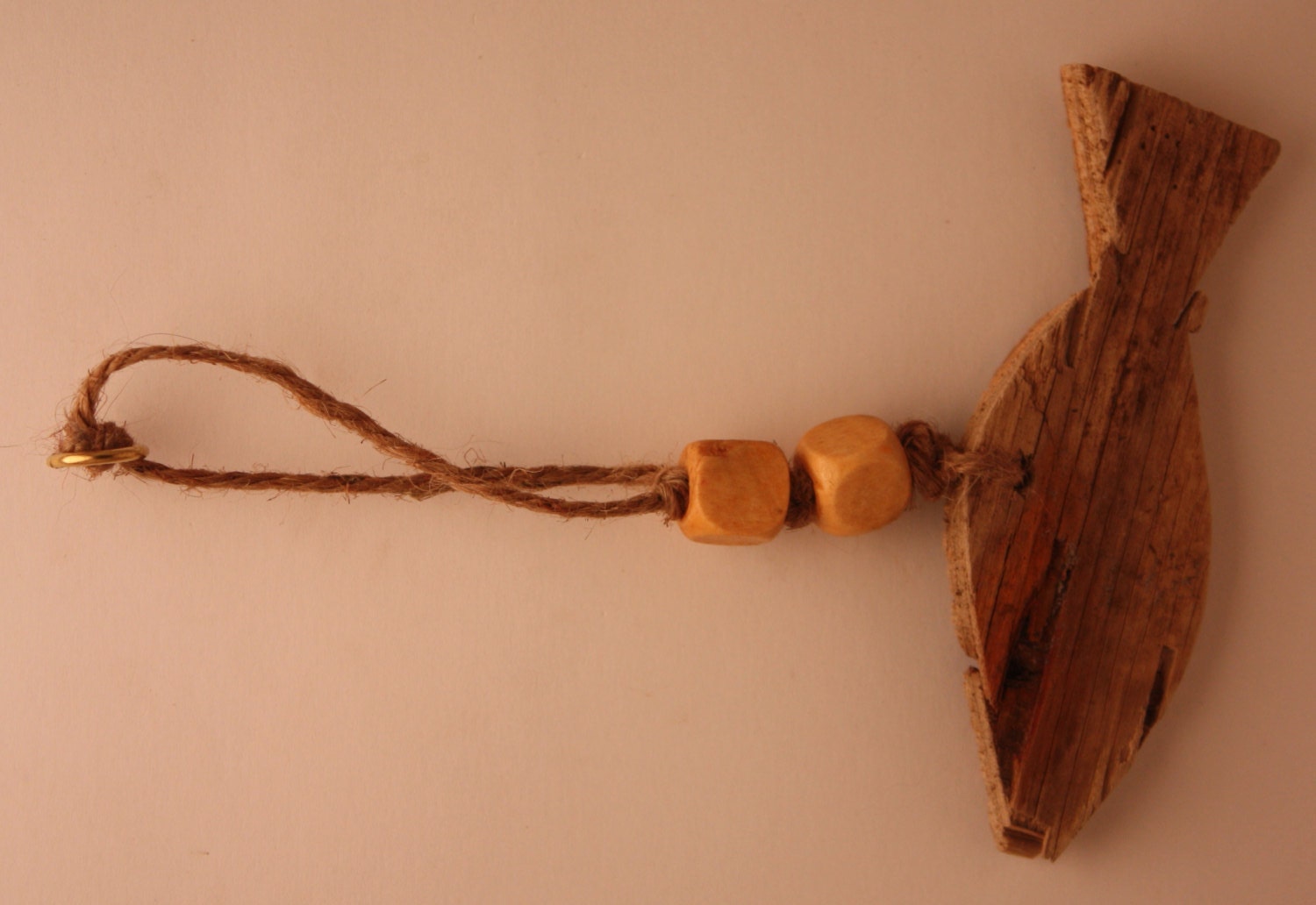 Upcycled/Recycled Handmade Driftwood, Wooden Bead, and Hemp Twine Fish Ornament-Home Decor, Primitive, Cottage Chic, Beach, Nautical