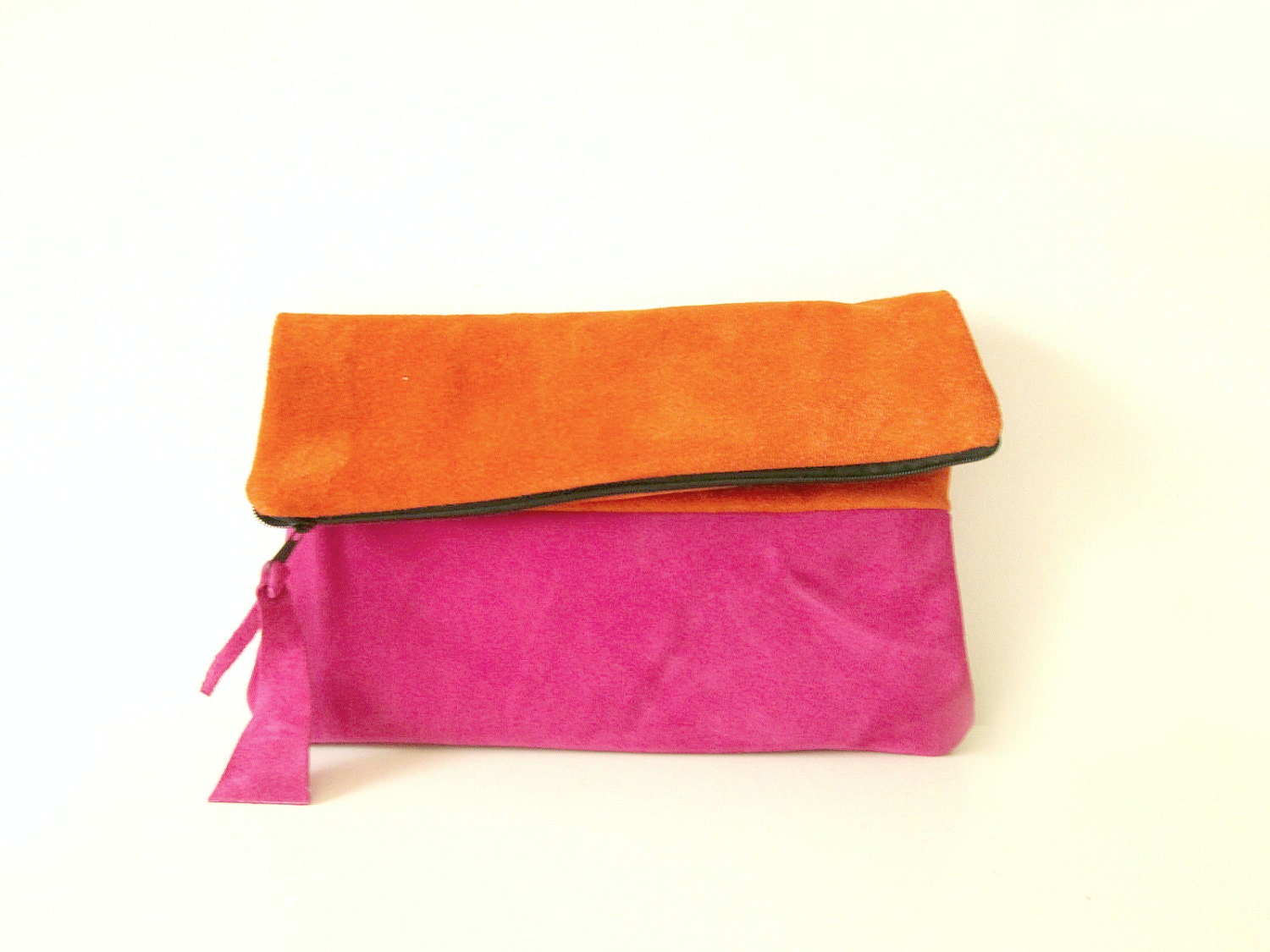 Leather Clutch in Orange and Fuschia Pink Colorblock Genuine Suede Leather