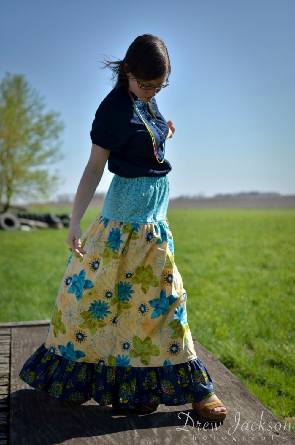 Womens Summer Maxi Skirt, Small, Medium, Blue flower skirt, ruffled skirt, Serendipity Skirts