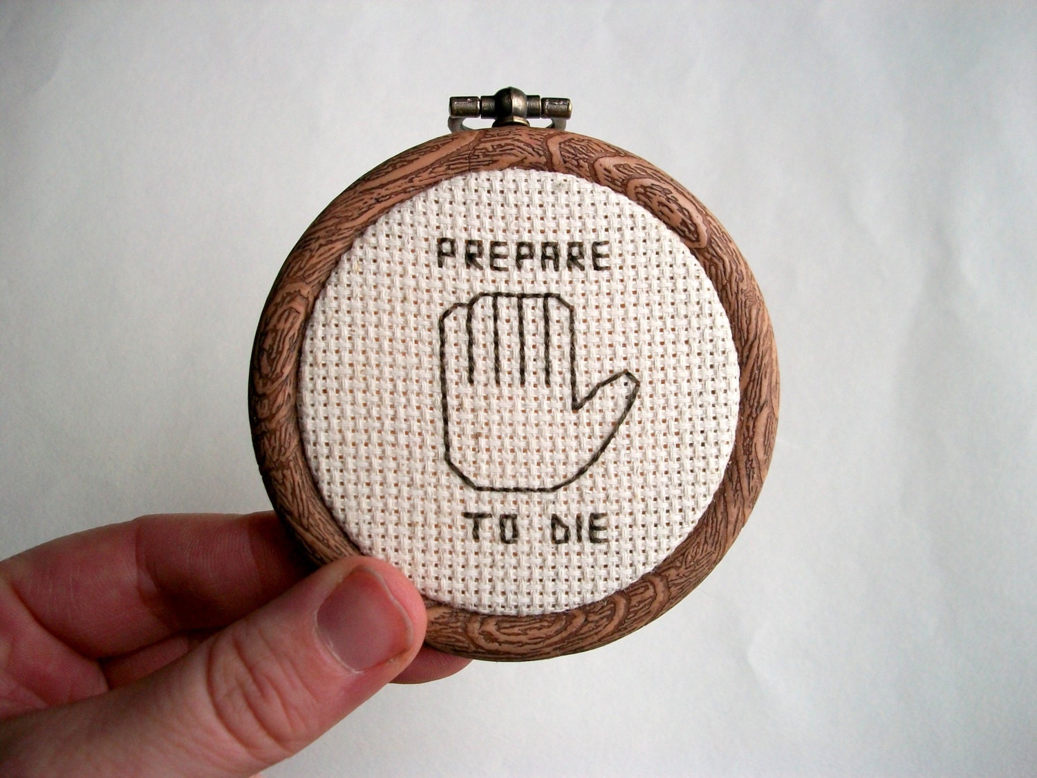 Prepare to Die Sign -- Modern cross stitch hobo signs for a contemporary (digital) world -- six fingered man, hello