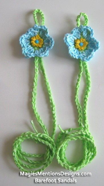Cotton Green Light Blue Yellow Barefoot Sandals with Flower Button Handmade Crocheted One Size Fits Tweens, Teens and Women
