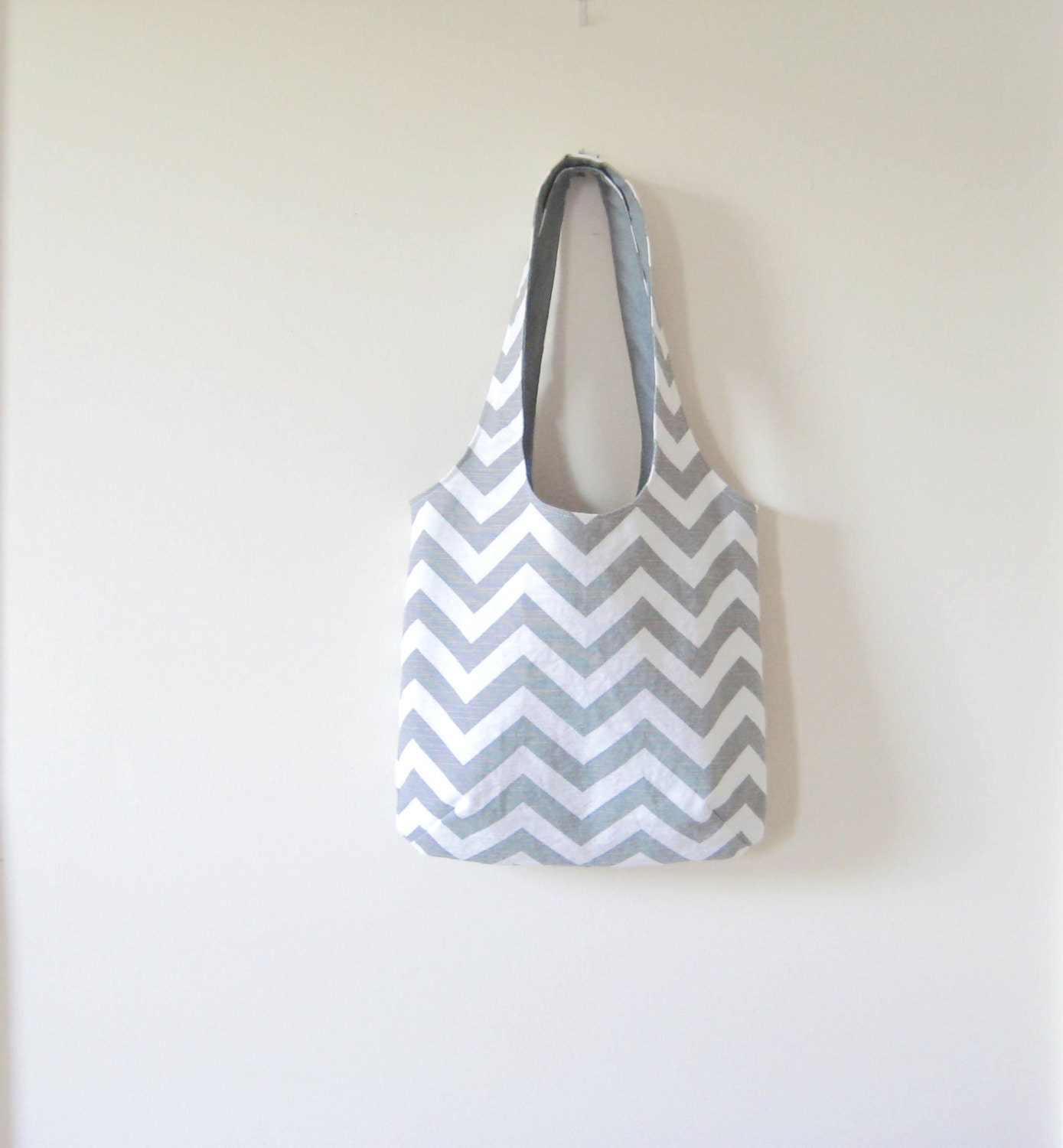 Gray Chevron Bag, Small Chevron Tote, Slouchy Bag, Chevron Purse Grey Slub Canvas
