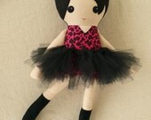 Fabric Doll Rag Doll Girl in Hot Pink Leopard Print Dress and Black Tutu