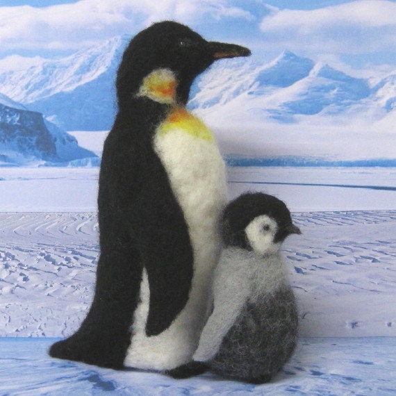 Needle Felted Emperor Penguin and Chick