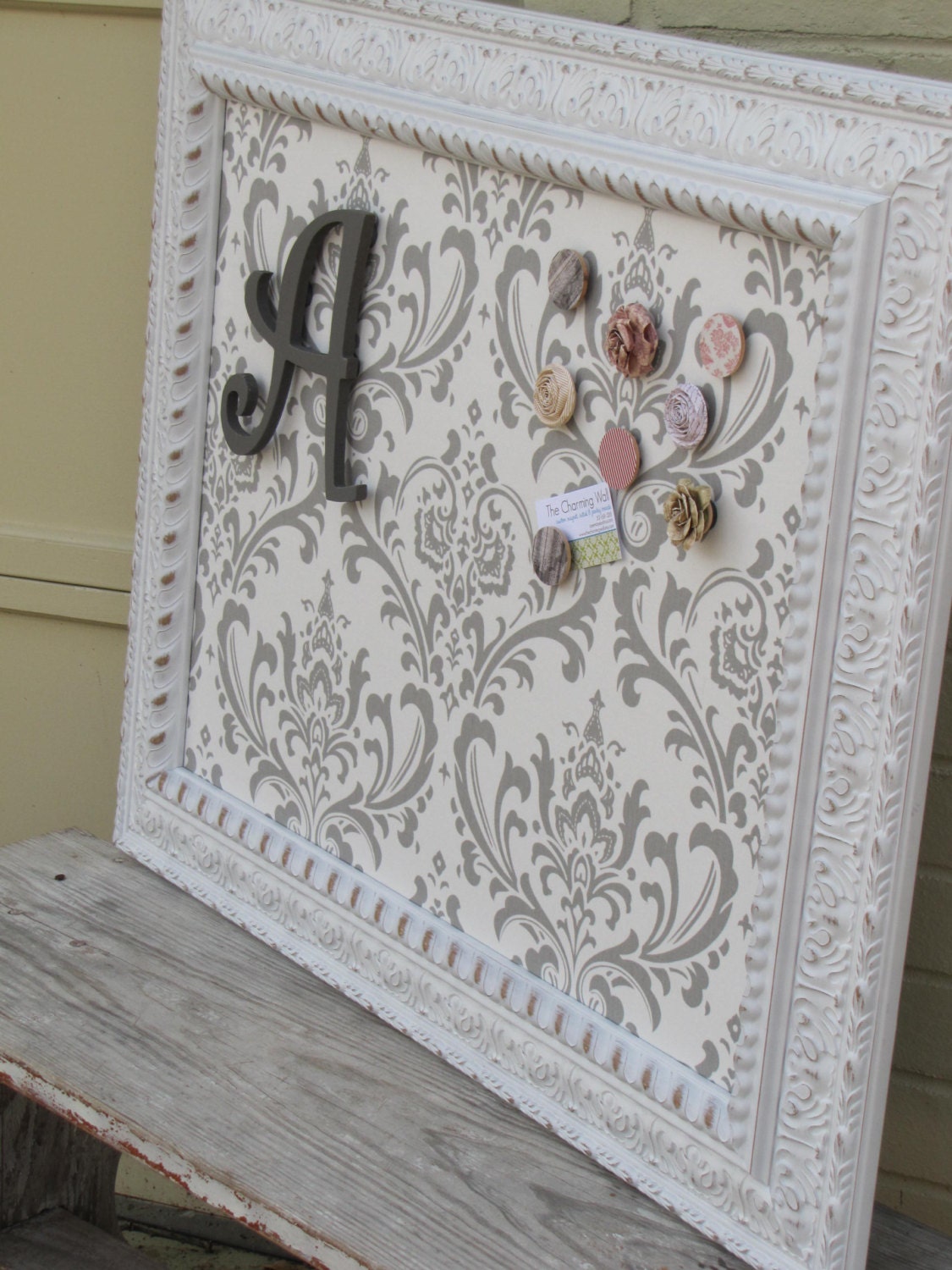 28x34 white, distressed FRAMED FABRIC MAGNET board, memo board, damask, organize 3 small magnets & small initial magnet, the charming wall