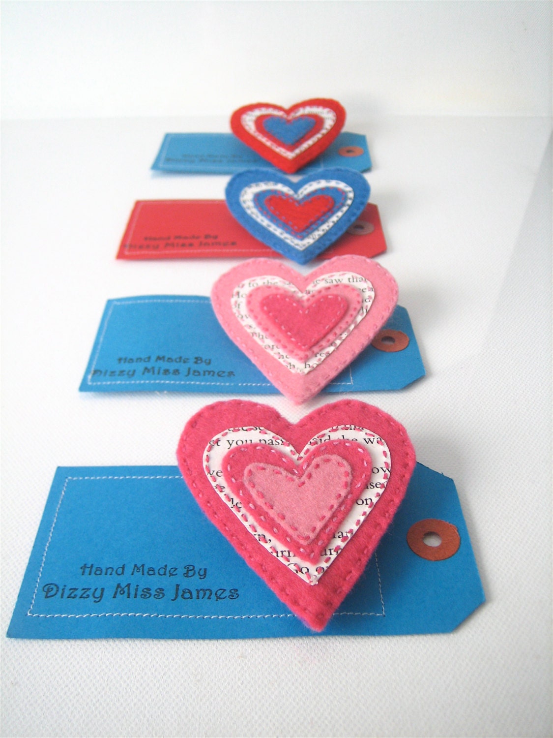 Red, Pink, Fuchsia or Blue Hand Embroidered Heart Felt  Applique Brooch