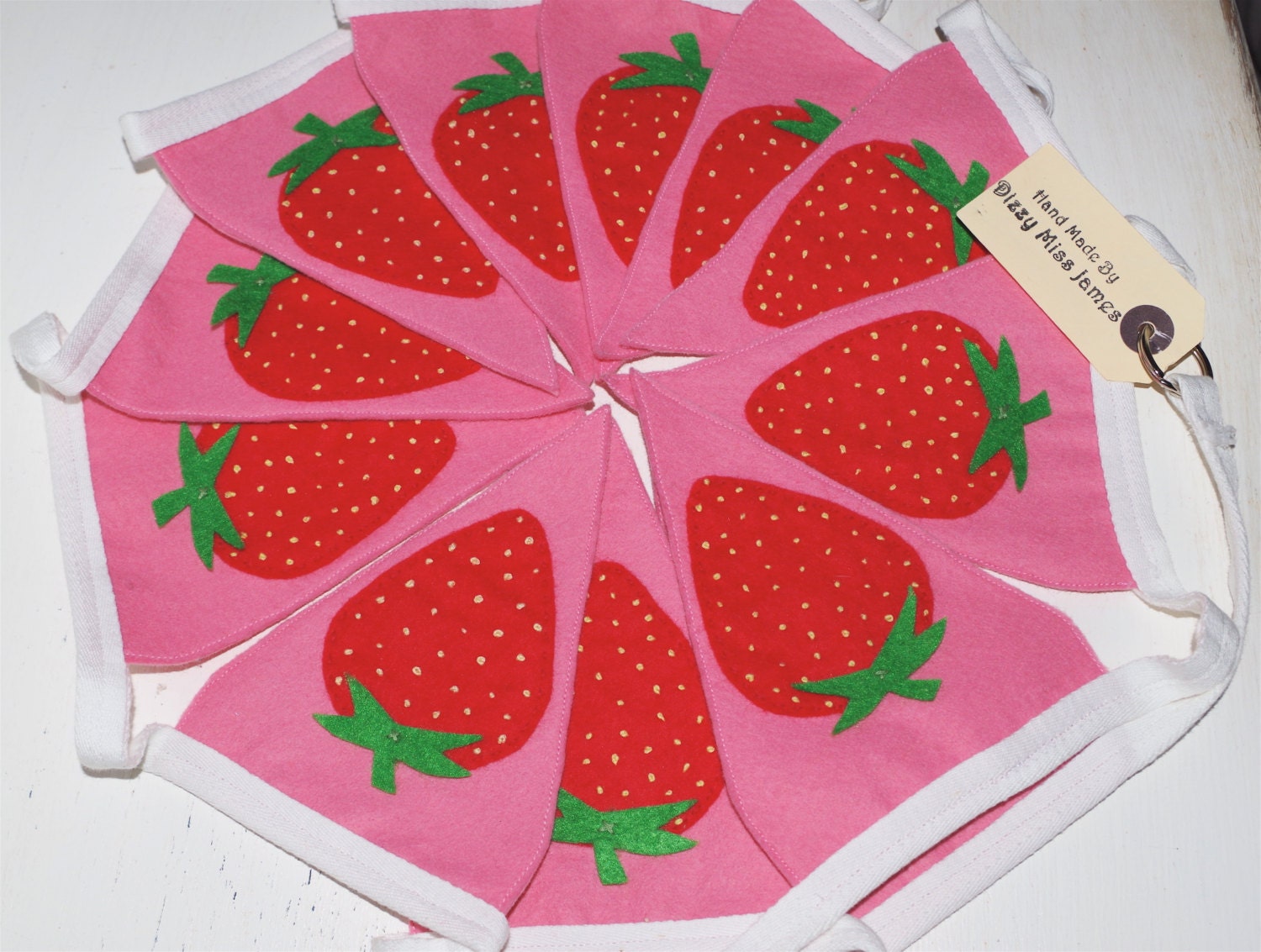 Pink Strawberry Hand Embroidered Felt Applique Bunting