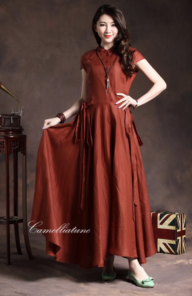 long evening dress in red / ruffle linen dress gown / formal dress cocktail dress
